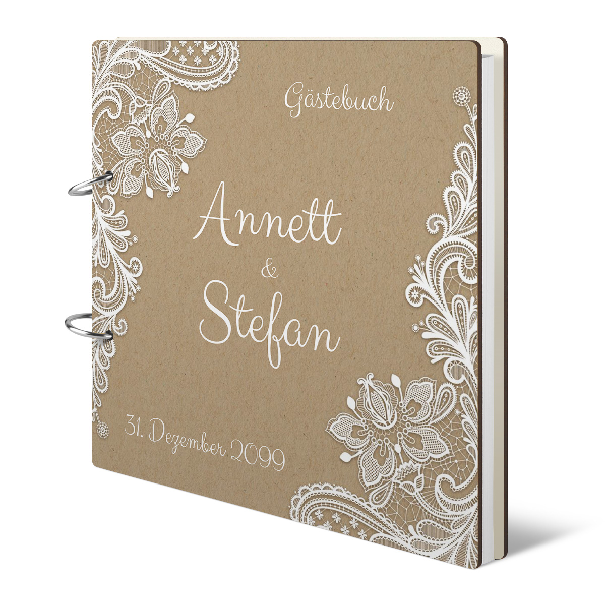 Personalisiertes Holzcover Hochzeit Gästebuch - Rustikal Kraftpapier