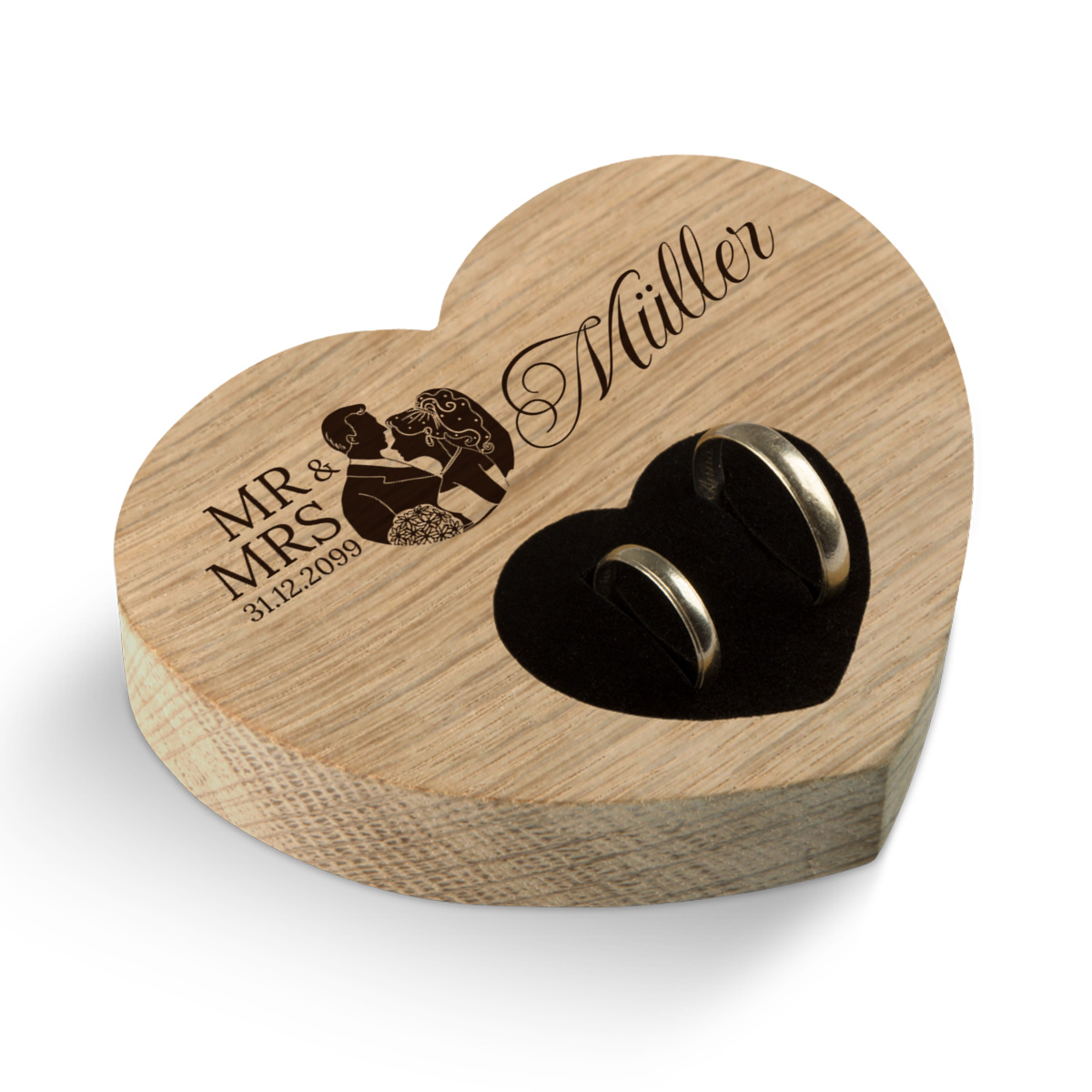 Hochzeit Herz Ringkissen Eichenholz - Mr & Mrs