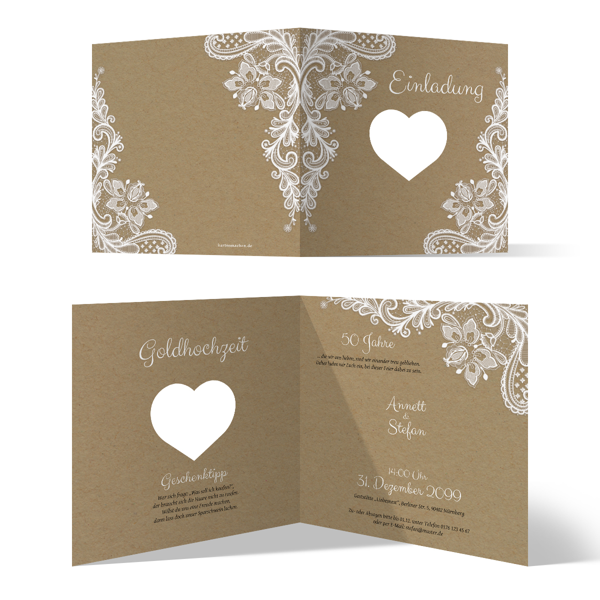 Lasergeschnittene Einladung Goldene Hochzeit - Rustikal Kraftpapier