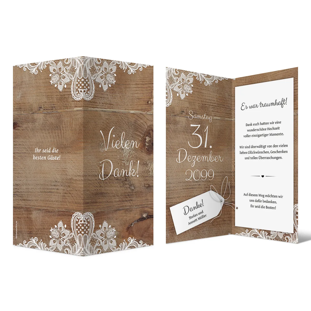 Hochzeit Dankeskarten DIN Lang Klappkarte - Rustikal mit weißer Spitze