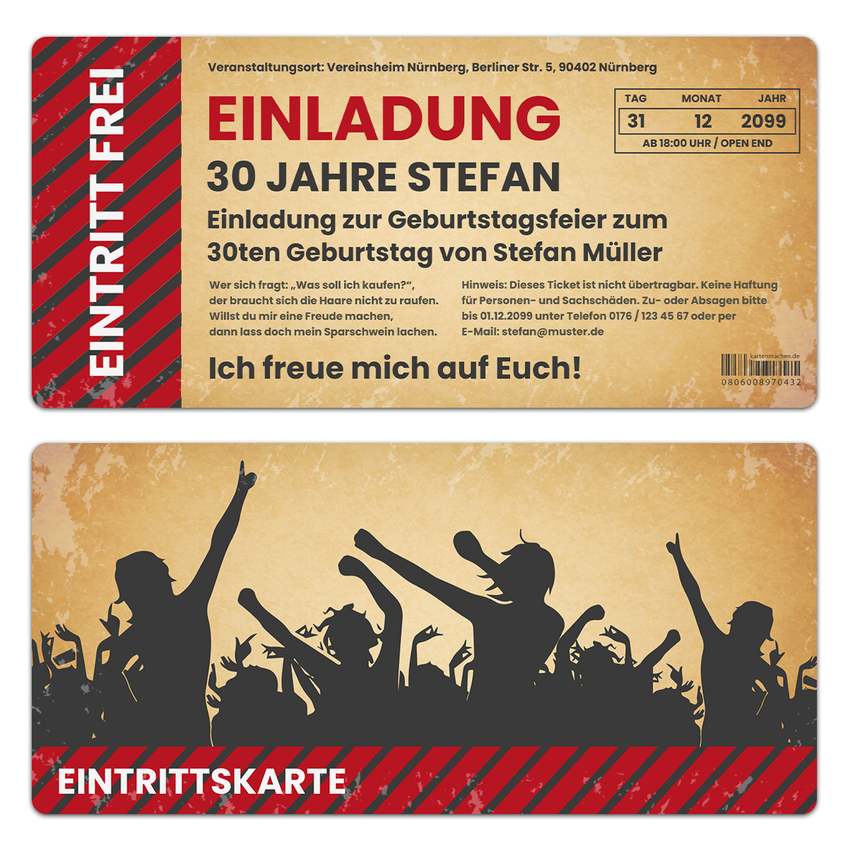 Einladungskarte als Eintrittskarte mit Abrissstreifen - Party / Vintage