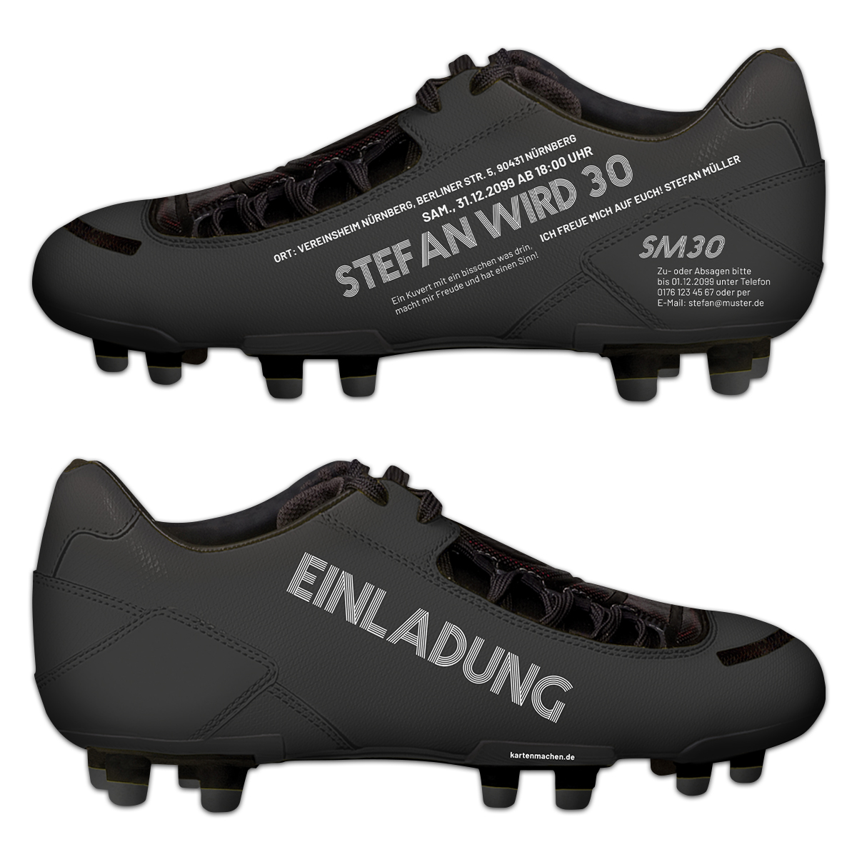 Lasergeschnittene Einladungskarten als Fußballschuh