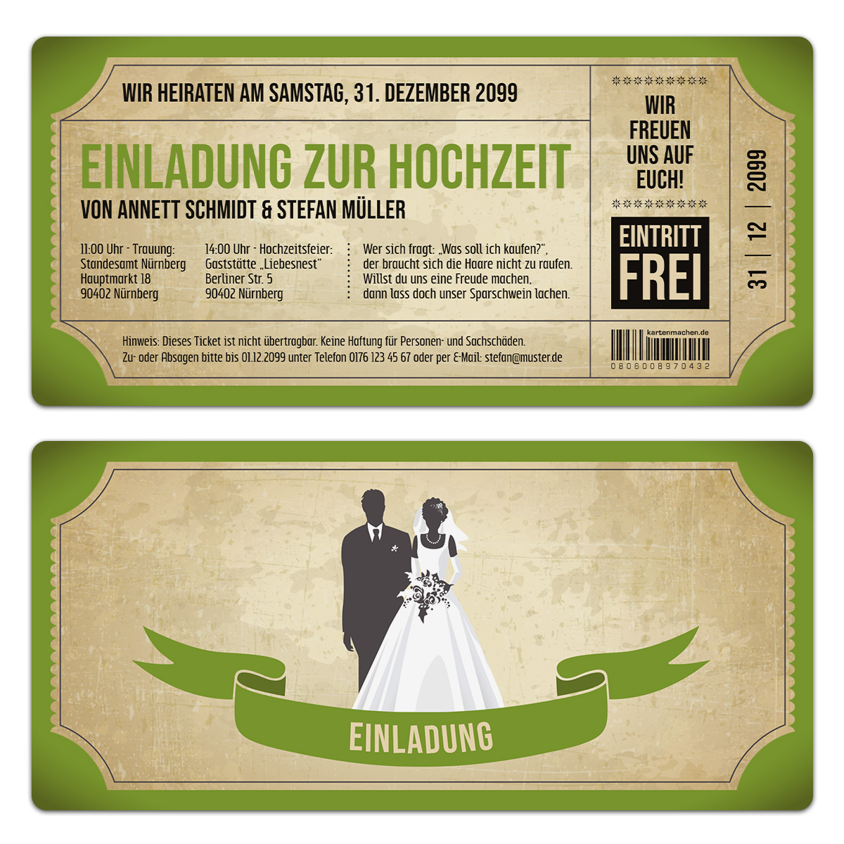 Hochzeitskarten - Vintage Brautpaar in Grün