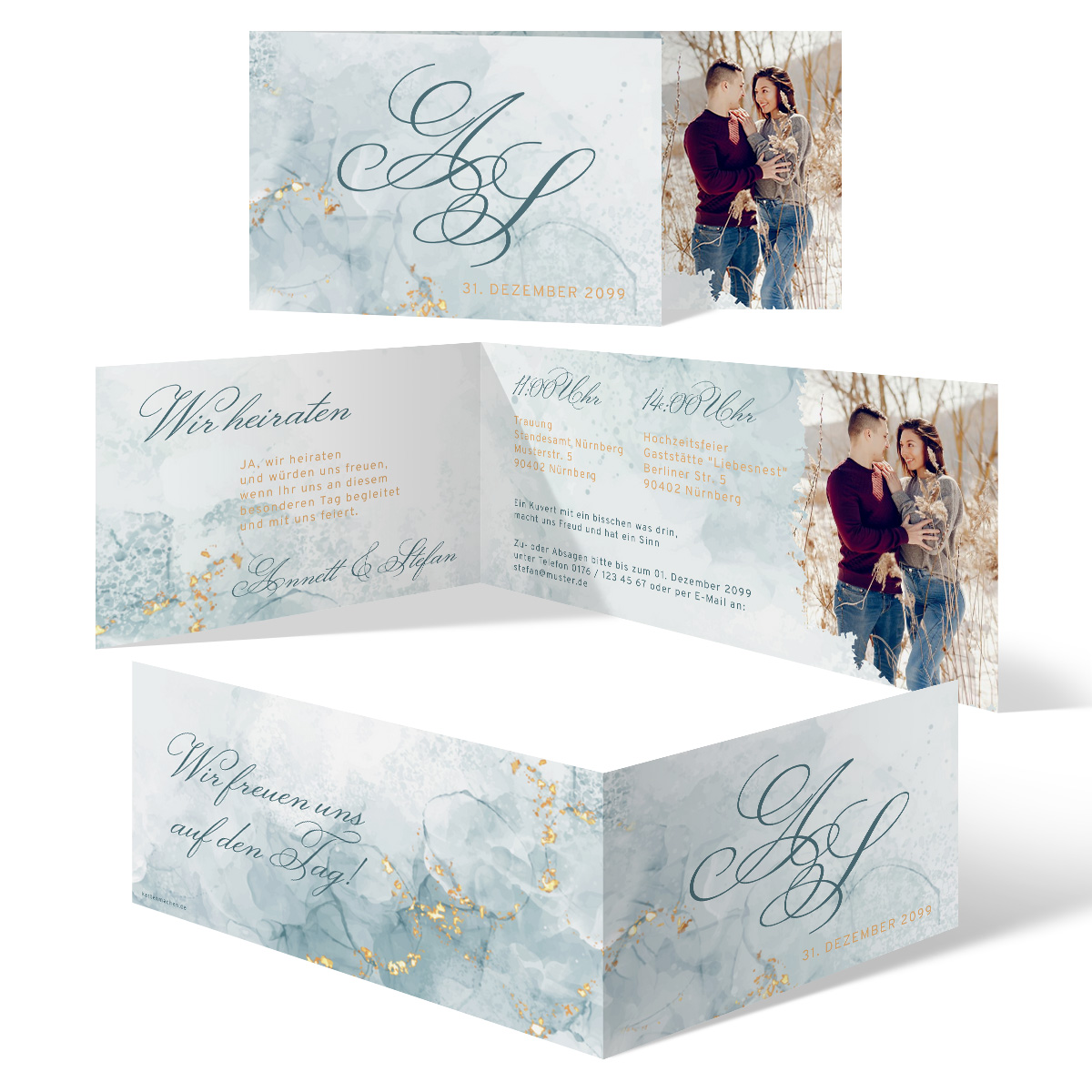 Winterhochzeit Einladungskarten - Eisblau & Gold