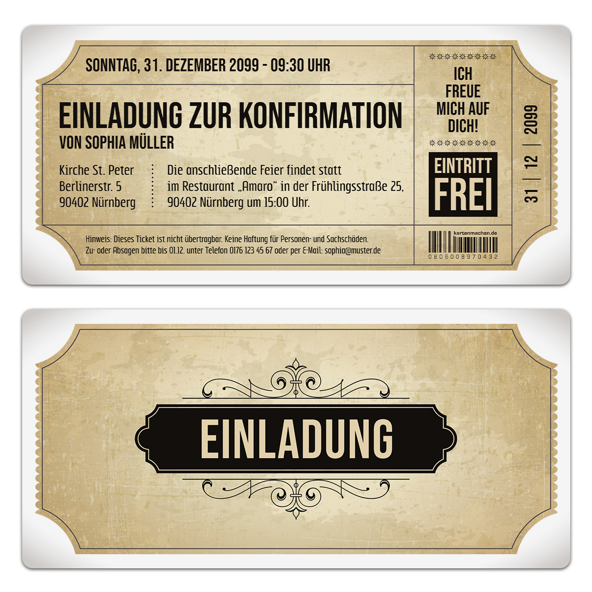 Konfirmation Einladungskarten - Vintage Eintrittskarten in Weiß