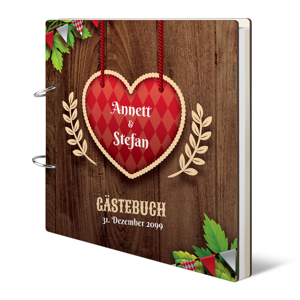 Personalisiertes Holzcover Hochzeit Gästebuch - O'zapft is in Rot