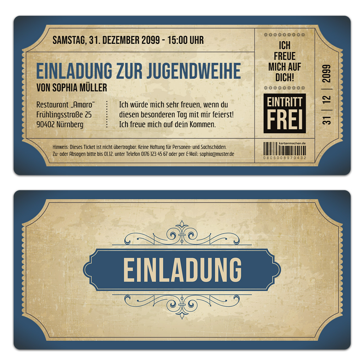 Jugendweihe Einladungskarten - Vintage Eintrittskarten in Blau