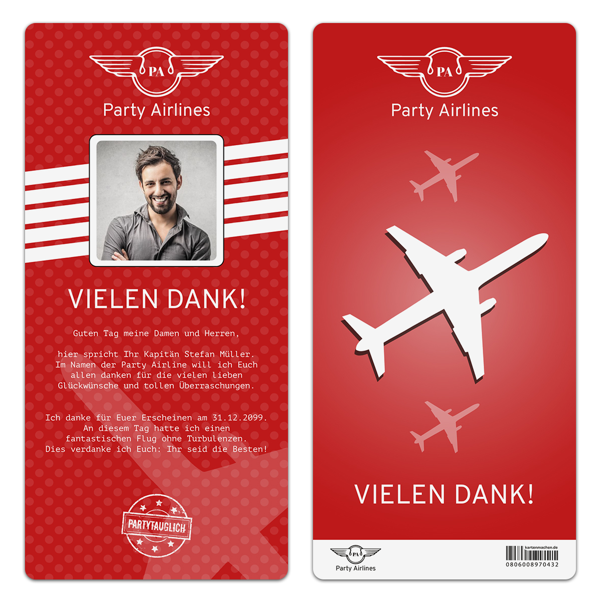 Danksagungskarten Flugticket - Rot