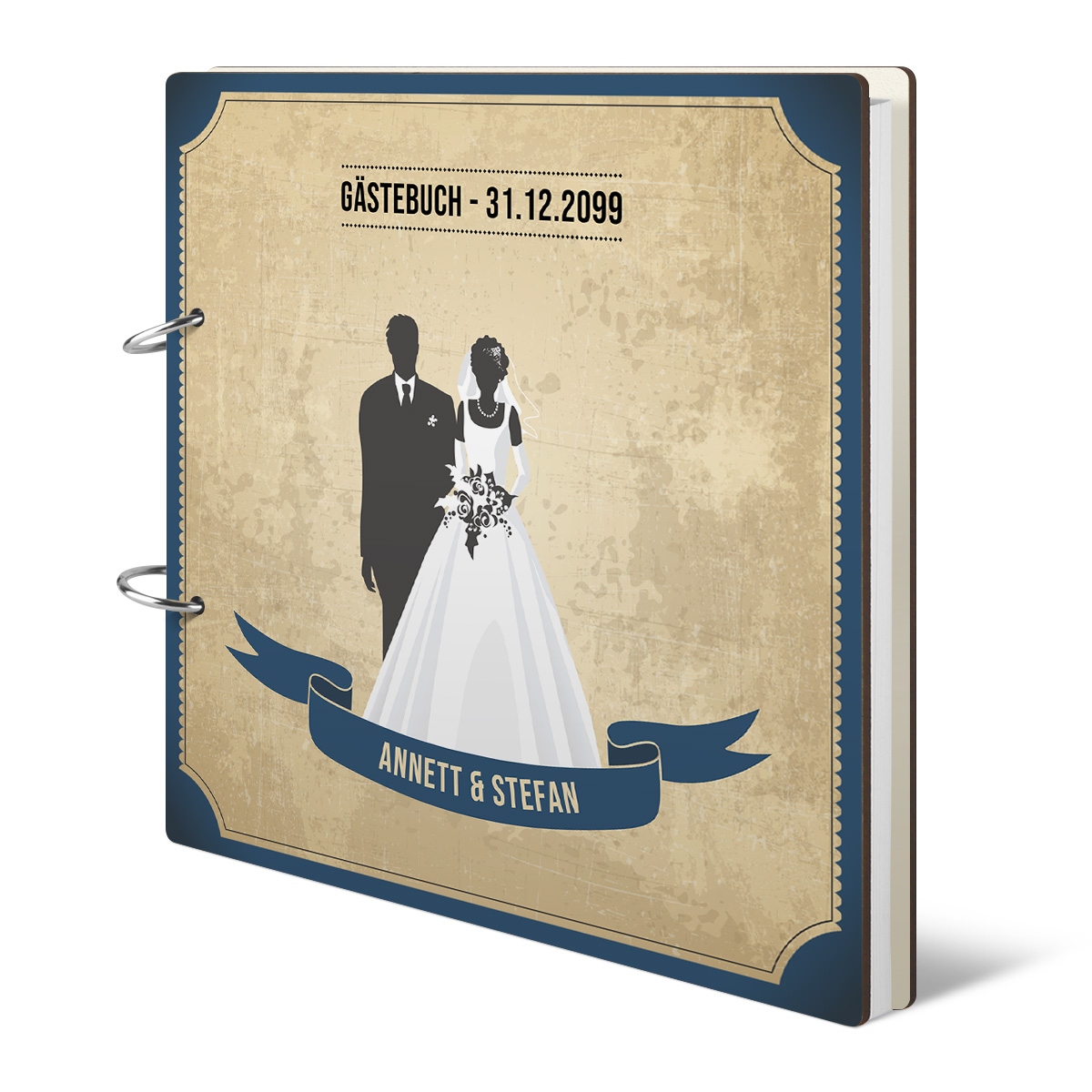 Personalisiertes Holzcover Hochzeit Gästebuch - Vintage Brautpaar Blau