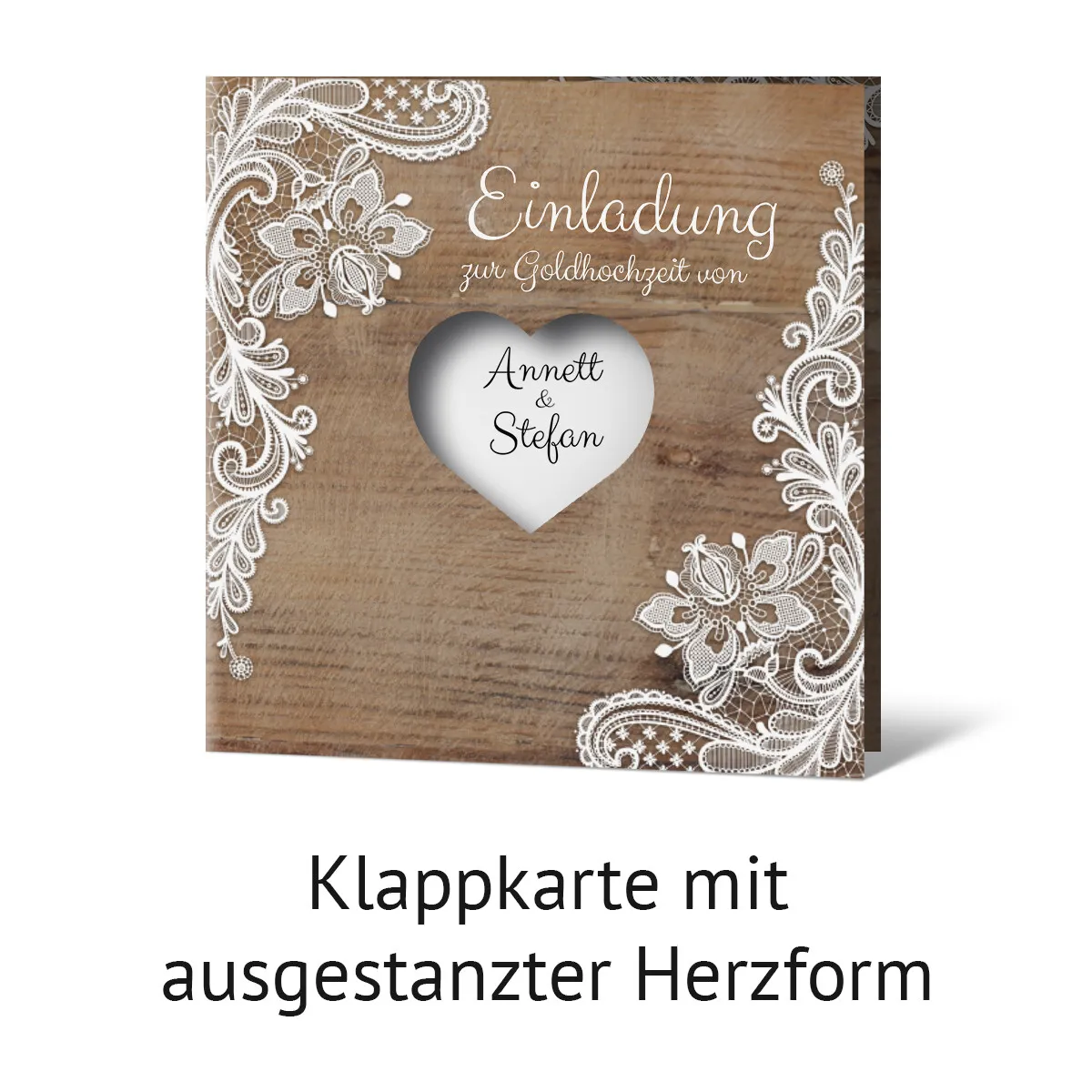 Lasergeschnittene Einladungen zur goldenen Hochzeit - Rustikal mit weißer Spitze