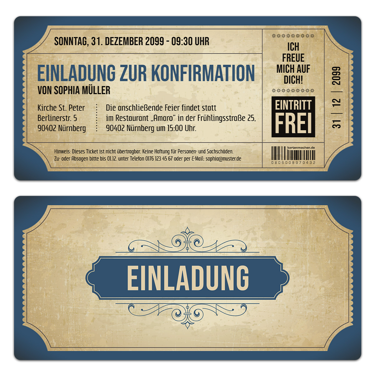 Konfirmation Einladungskarten - Vintage Eintrittskarten in Blau