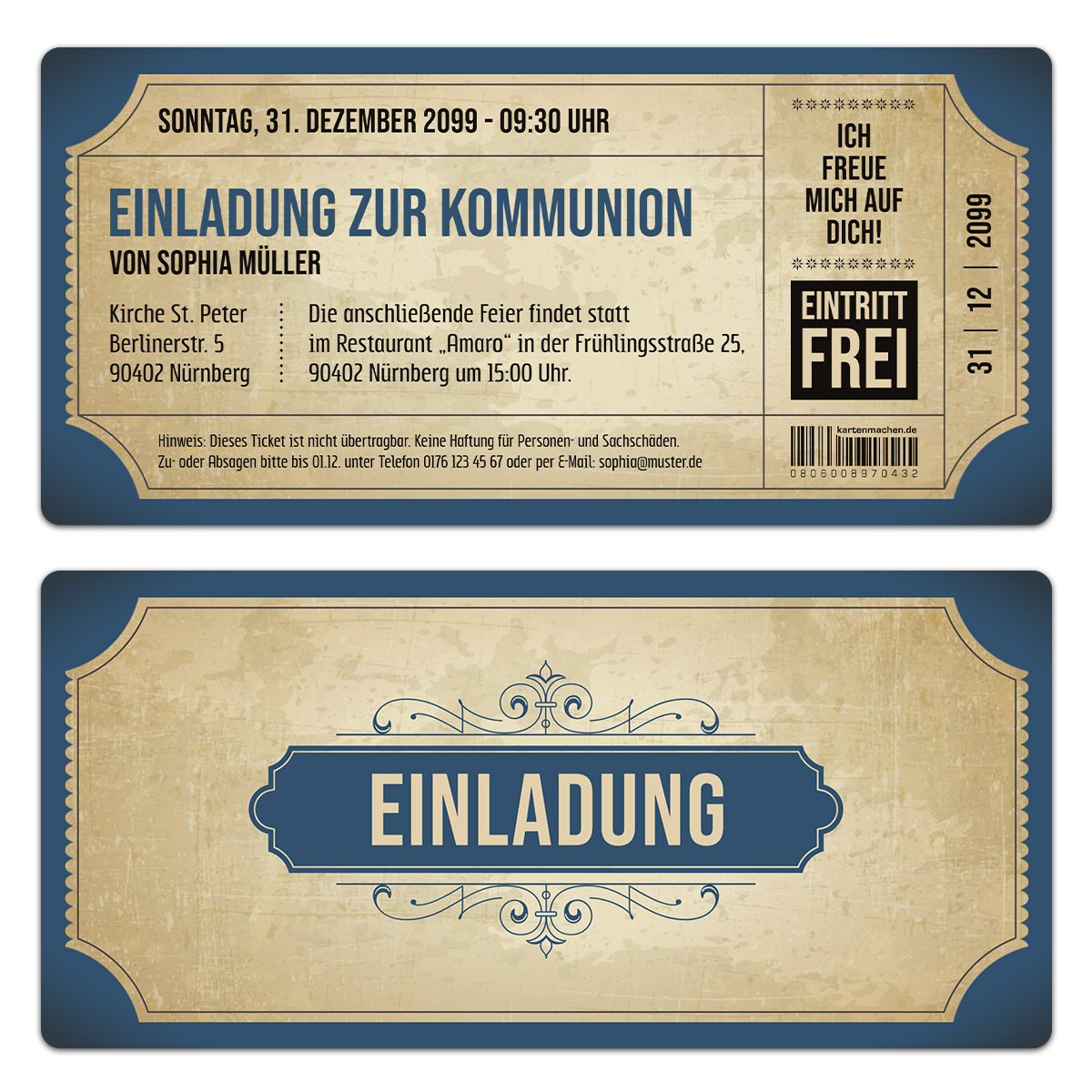 Kommunion Einladungskarten - Vintage Eintrittskarten in Blau
