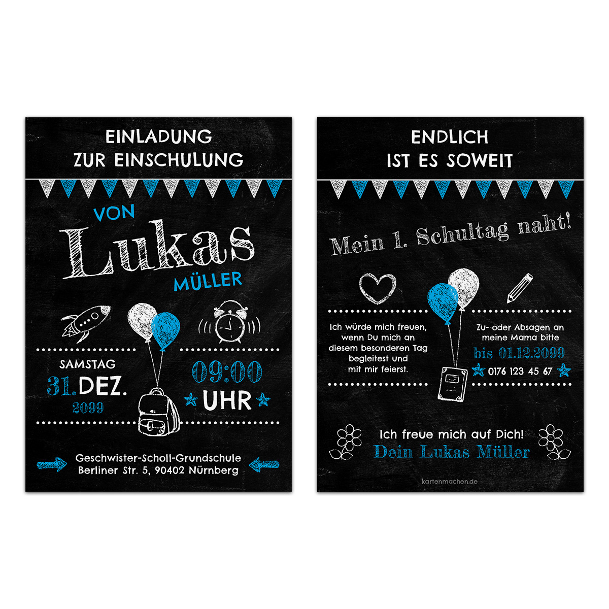 Einschulung Einladungskarten - Tafel Blau