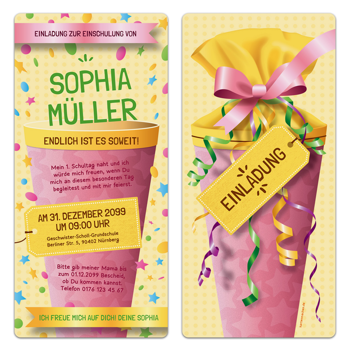 Einladungskarten zur Einschulung - Schultüte in Rosa