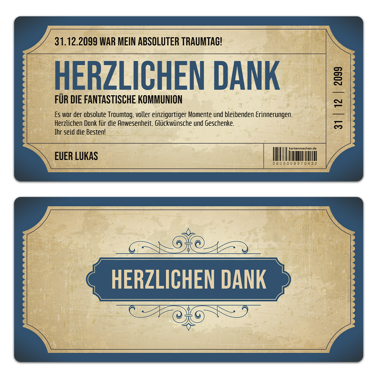 Kommunion Dankeskarten - Vintage Eintrittskarten in Blau