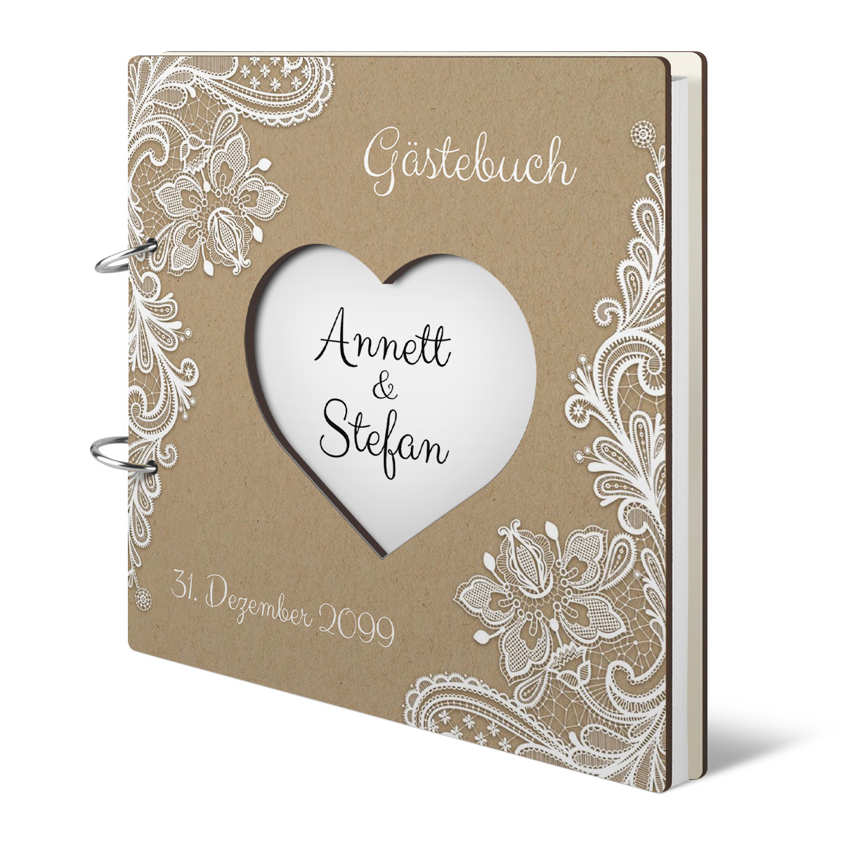 Personalisiertes Holzcover Hochzeit Gästebuch lasergeschnitten - Rustikal Kraftpapier