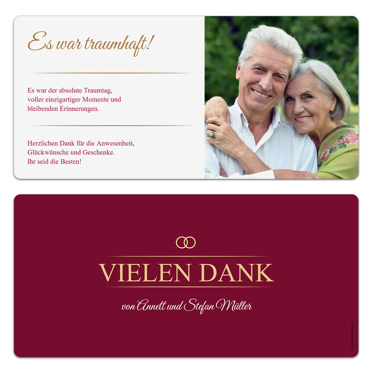 Dankeskarten goldene Hochzeit - Burgunder Gold