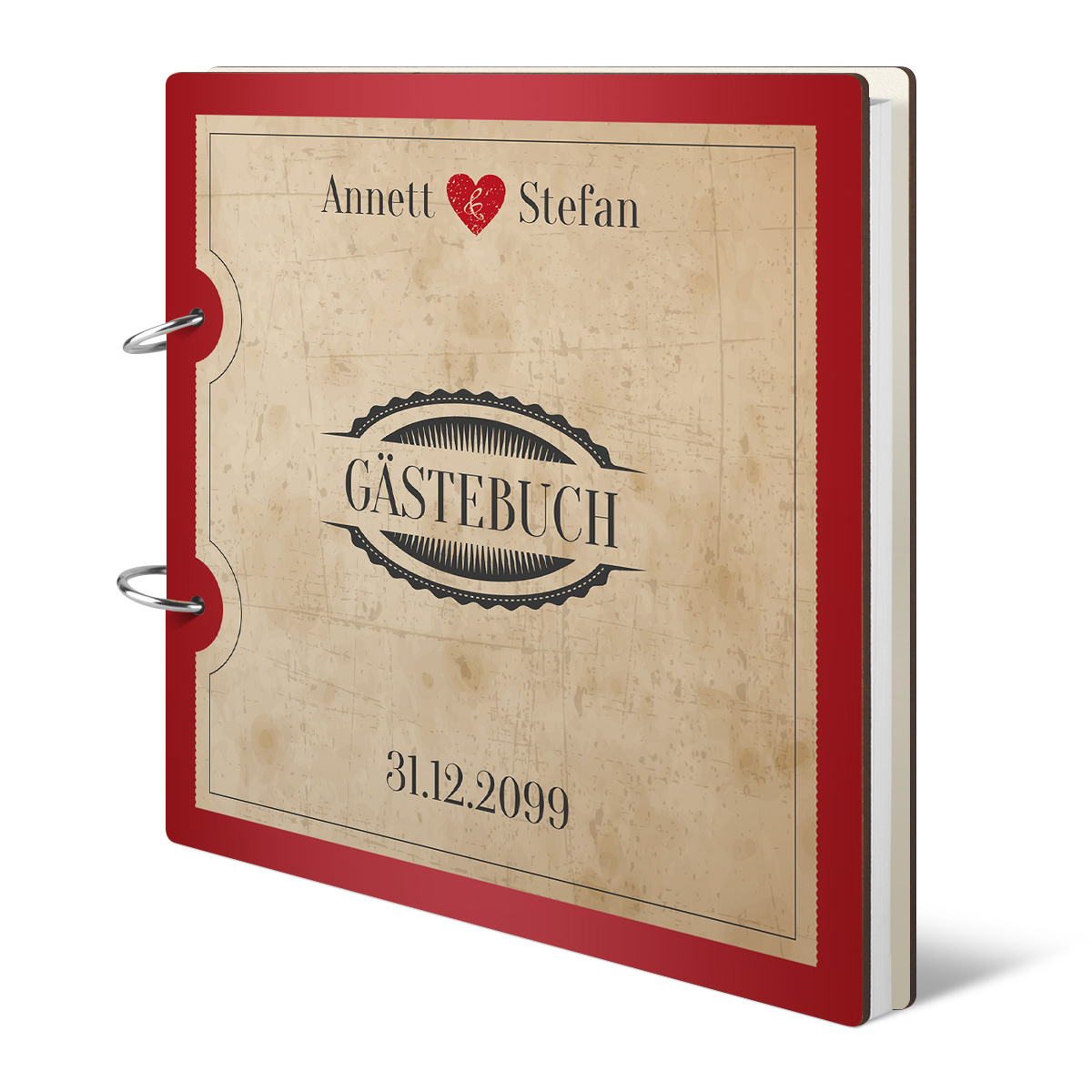 Personalisiertes Holzcover Hochzeit Gästebuch - Vintage Herz Rot