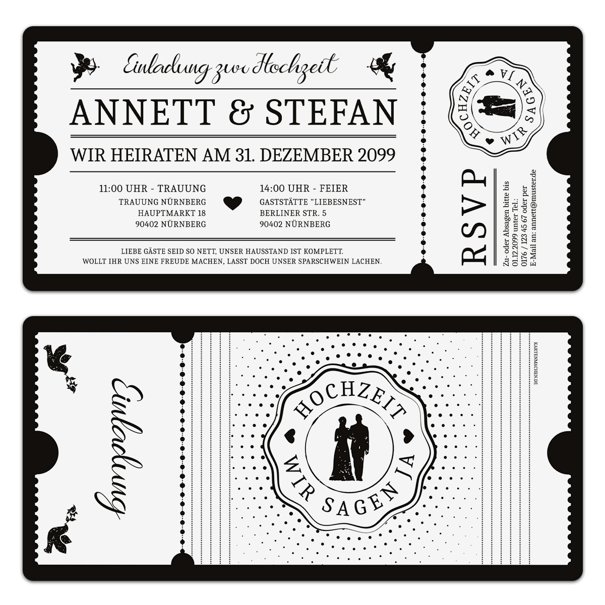 Hochzeit Einladungen - Schwarz-Weiß Ticket weiße Version