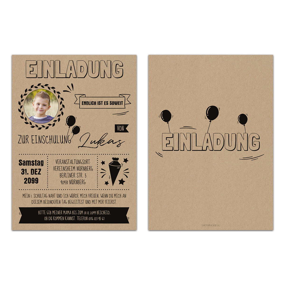 Einschulung Einladungskarten - Kraftpapier Look