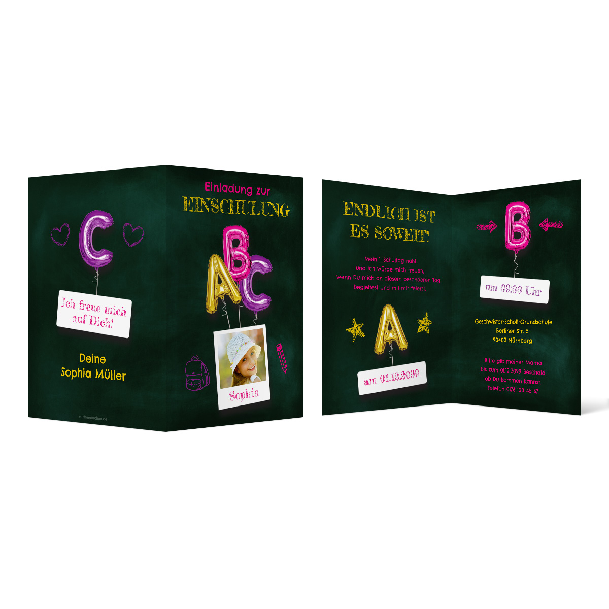 Einschulung Einladungskarten - Tafel ABC Rosa