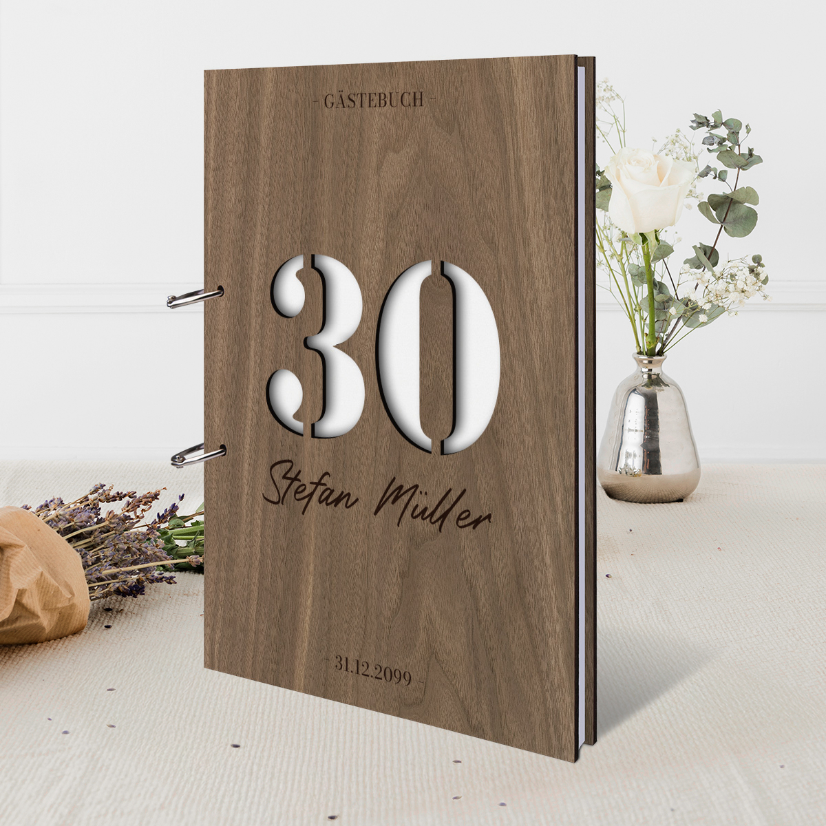 Personalisiertes Gästebuch Mit Okoume-Holzcover | DIN A4 Quer, 72 Blätter Naturpapier | Individuelle Gravur – Auch Als Koch- Oder Rezeptbuch