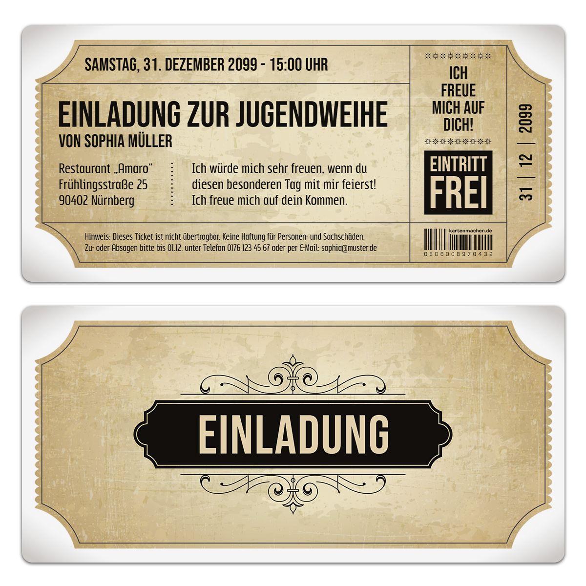 Jugendweihe Einladungskarten - Vintage Eintrittskarten in Weiß