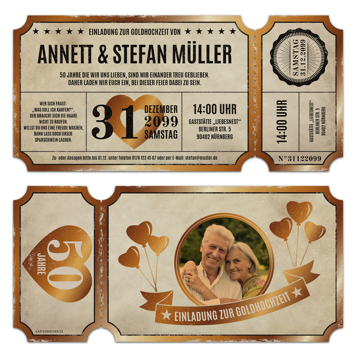 Lasergeschnittene Goldhochzeit Einladungen - Vintage Ticket Luftballons