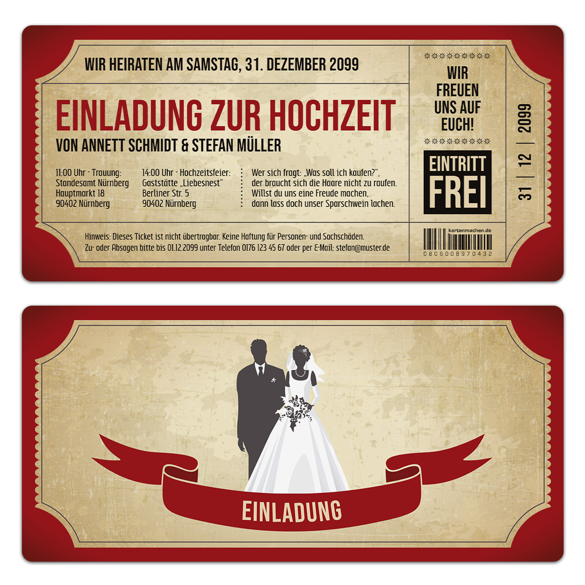 Hochzeitskarten - Vintage Brautpaar in Rot