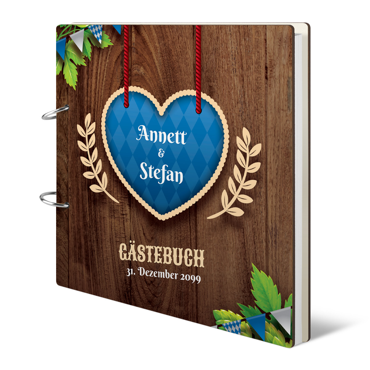 Personalisiertes Holzcover Hochzeit Gästebuch - O'zapft is in Blau