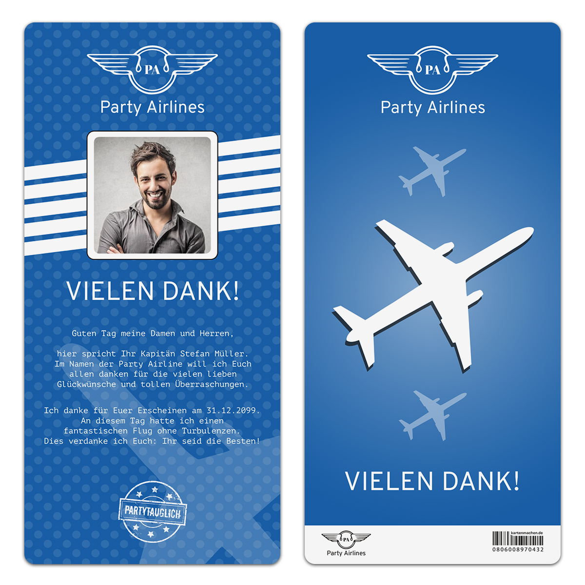 Danksagungskarten Flugticket - Blau