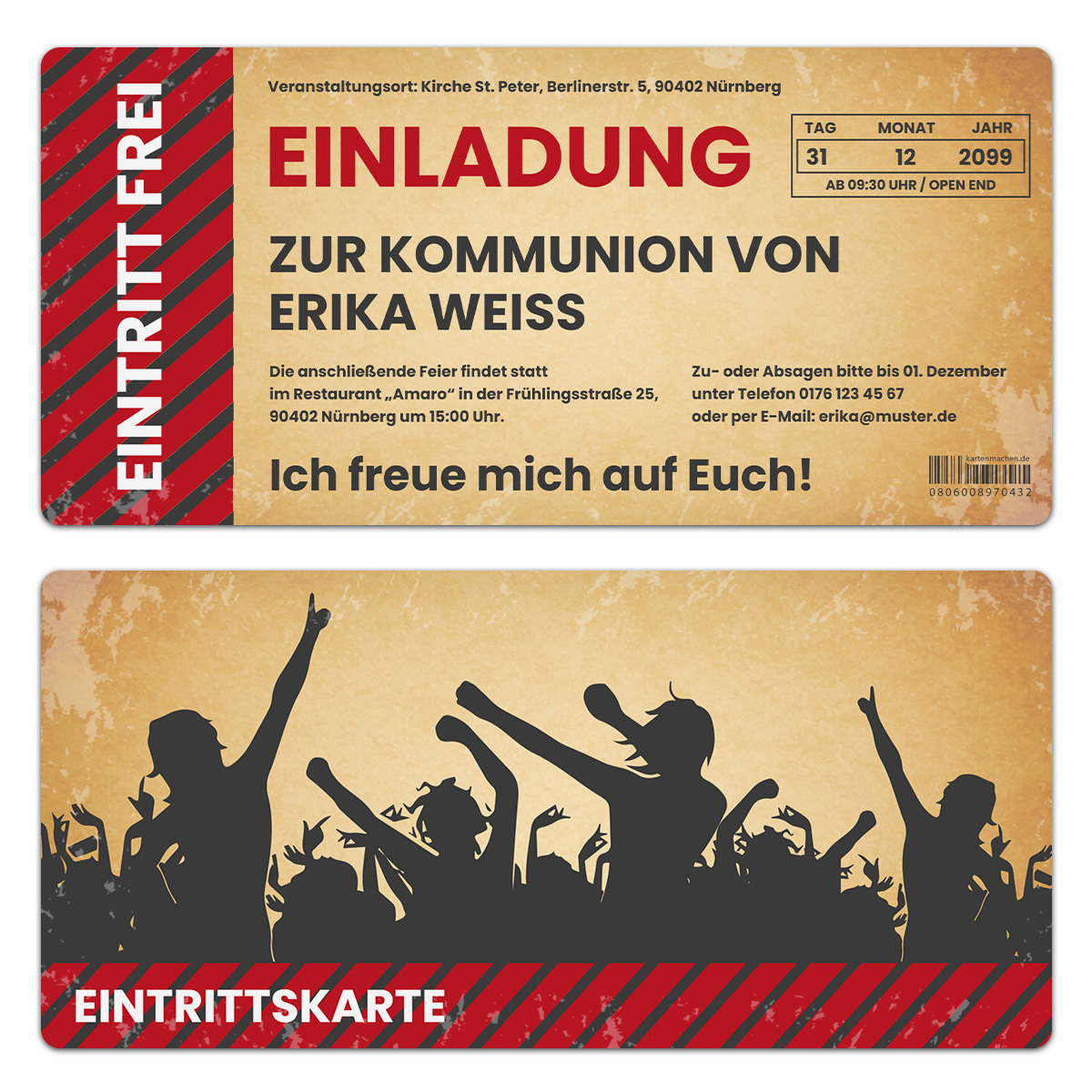 Kommunion Einladungskarten als Ticket - Party / Vintage