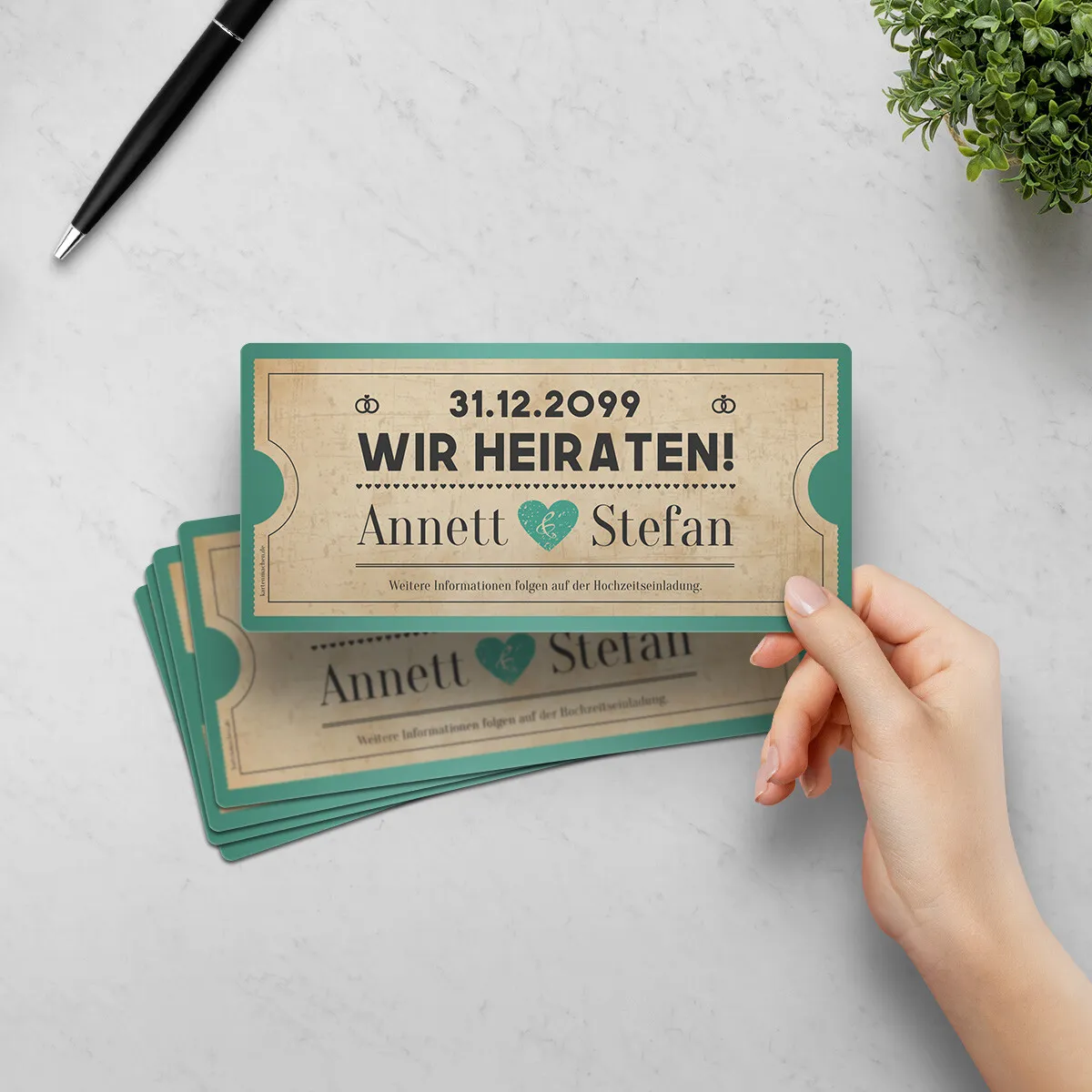 Save the Date Karten zur Hochzeit - Vintage Herz in Mintgrün