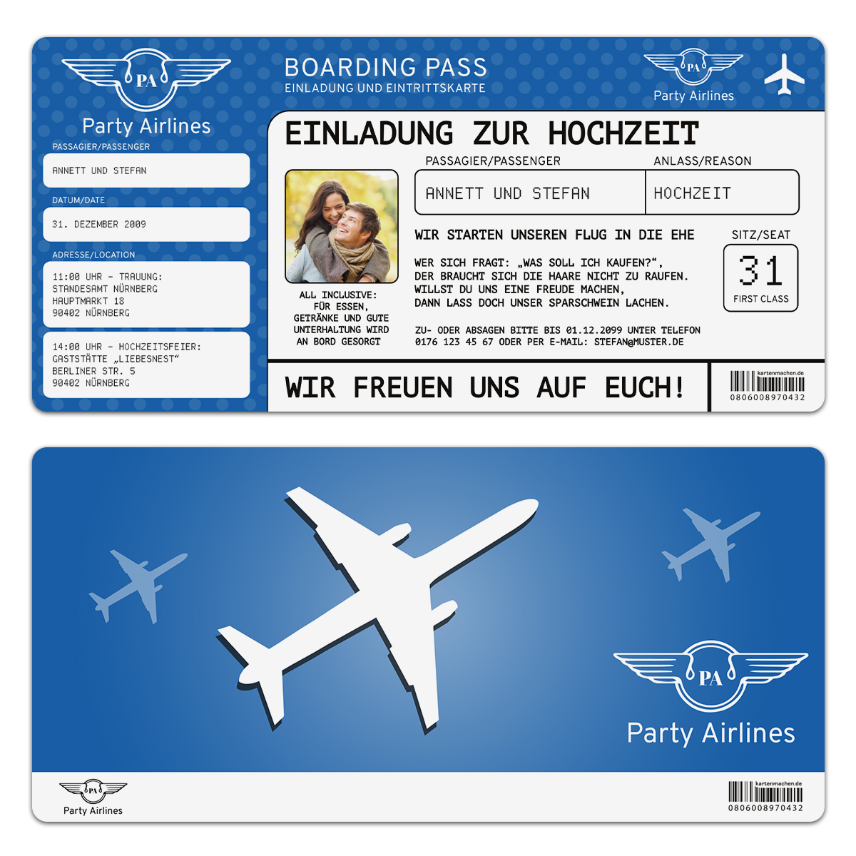 Hochzeitskarten als Flugticket - Blau