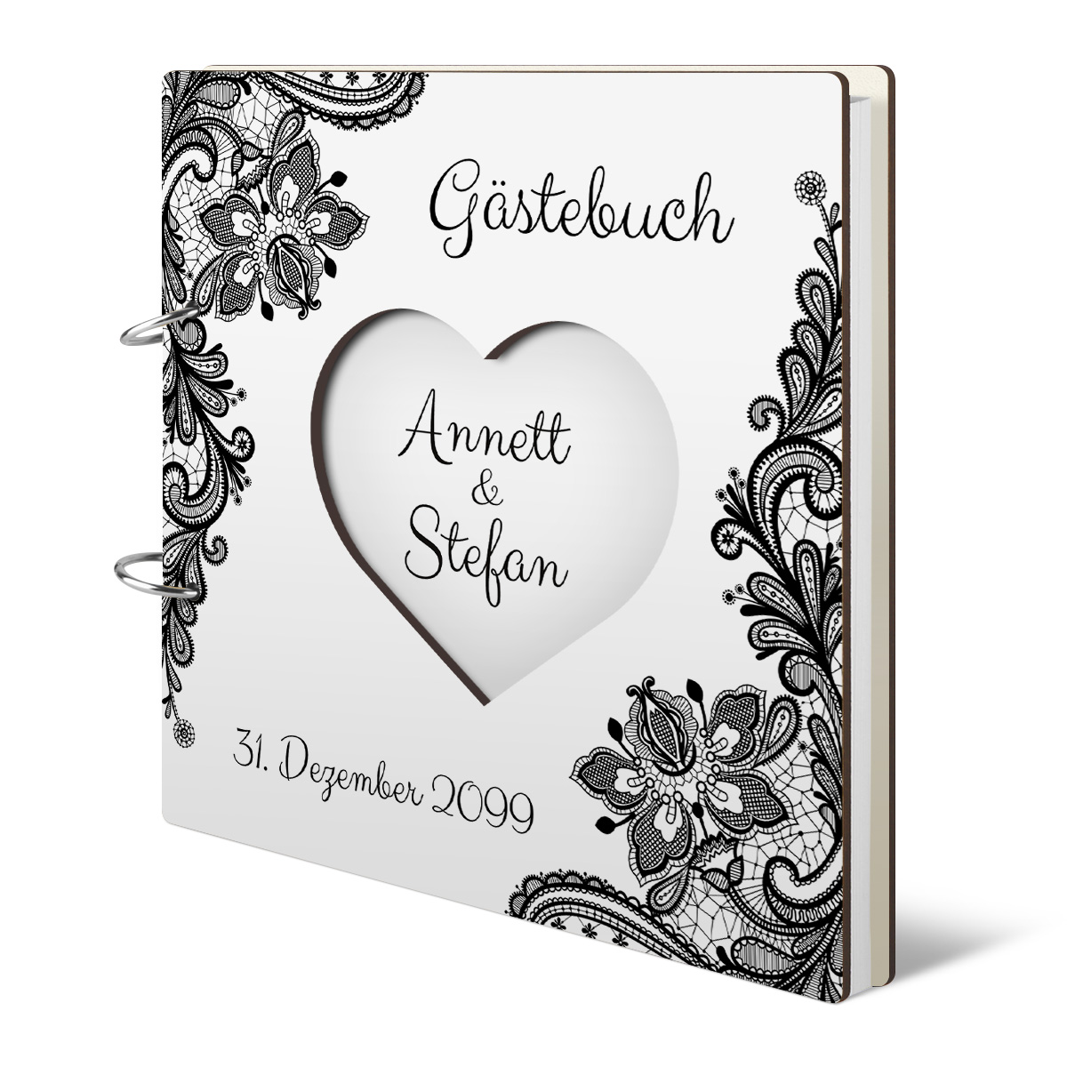 Personalisiertes Hochzeit Gästebuch - Rustikal Schwarz Weiß mit Herz Ausschnitt