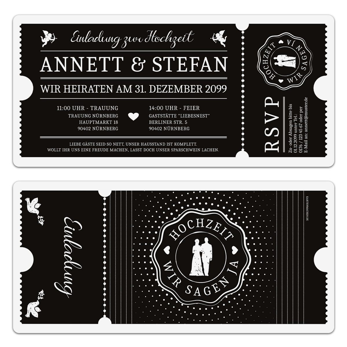 Hochzeit Einladungen - Schwarz-Weiß Ticket schwarze Version