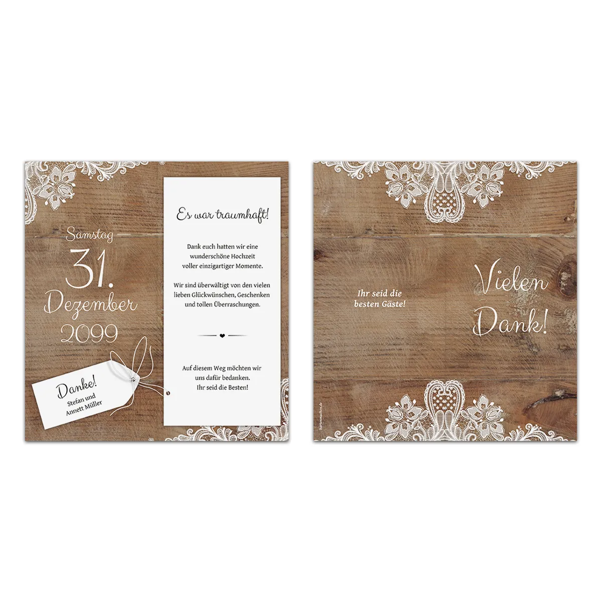 Hochzeit Dankeskarten DIN Lang Klappkarte - Rustikal mit weißer Spitze