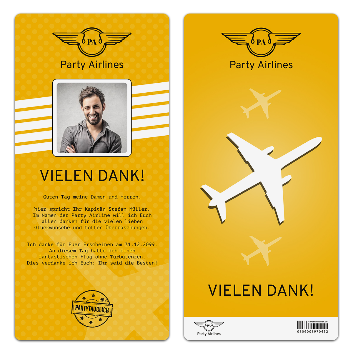 Danksagungskarten Flugticket - Gelb