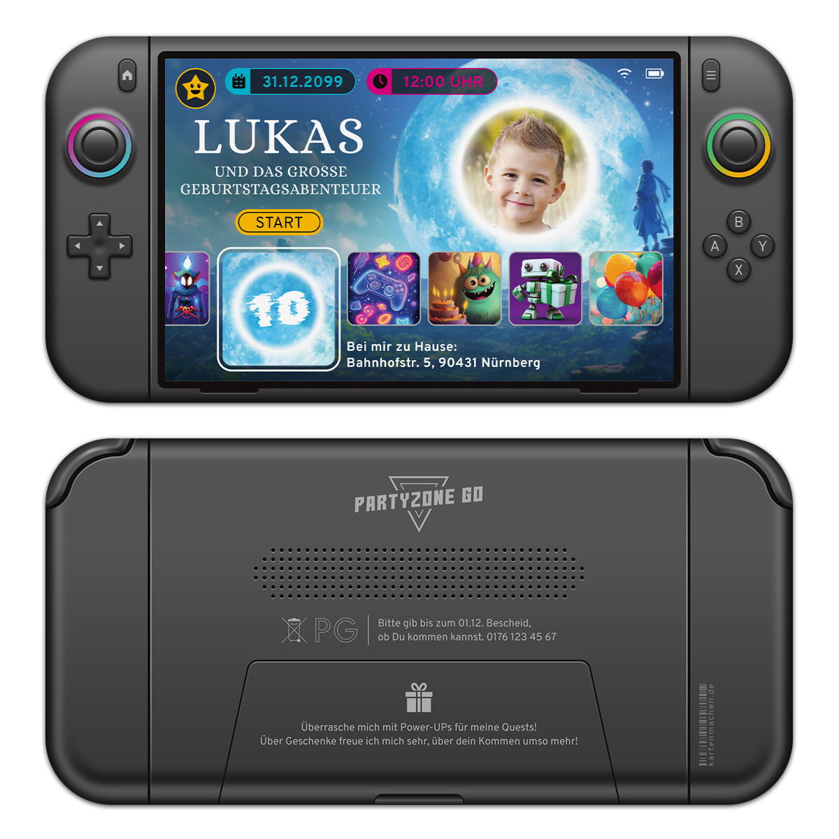 Kinder Geburtstagseinladungen als Gaming Handheld