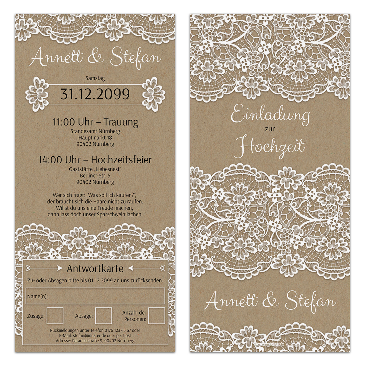 Hochzeitseinladungen mit Antwortkarte - Kraftpapier Spitze