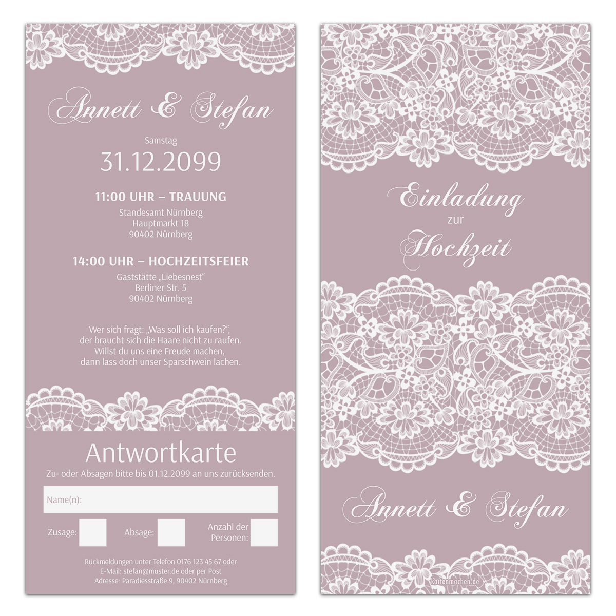 Hochzeitseinladungen mit Antwortkarte - Spitze in Lila