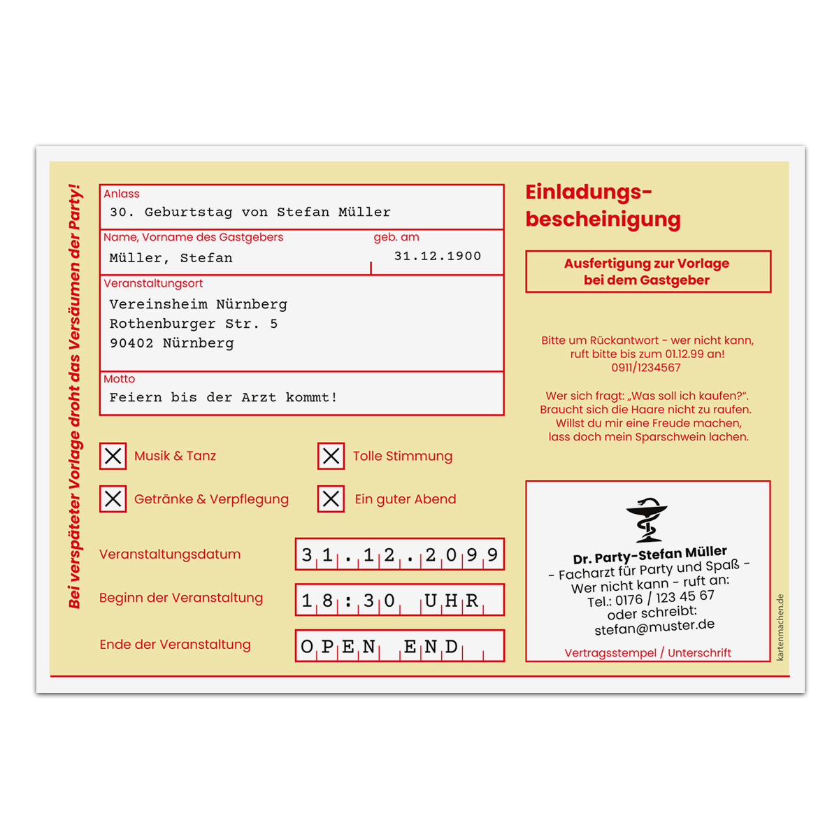Einladungskarte als Krankschreibung - Gelb