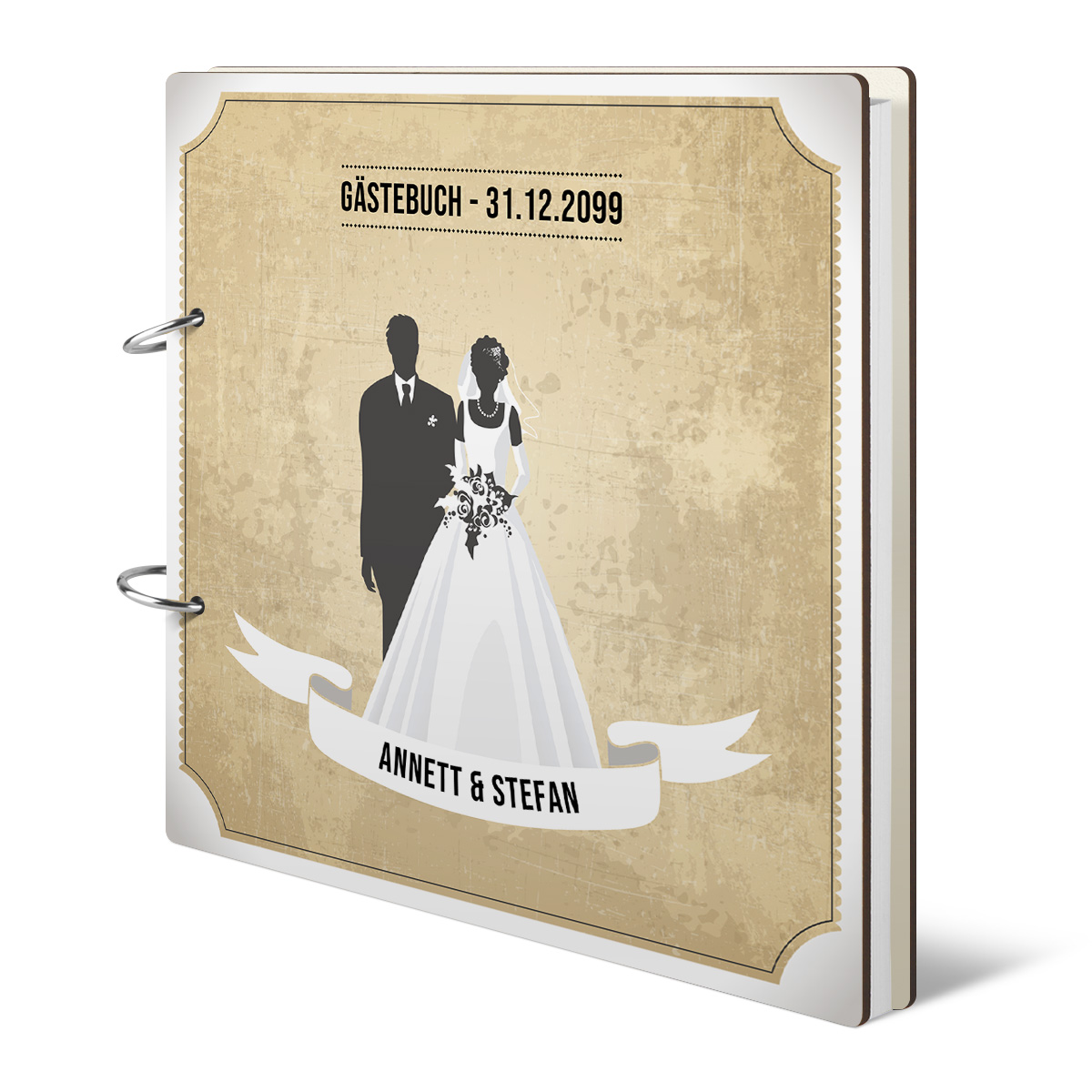Personalisiertes Holzcover Hochzeit Gästebuch - Vintage Brautpaar Weiß