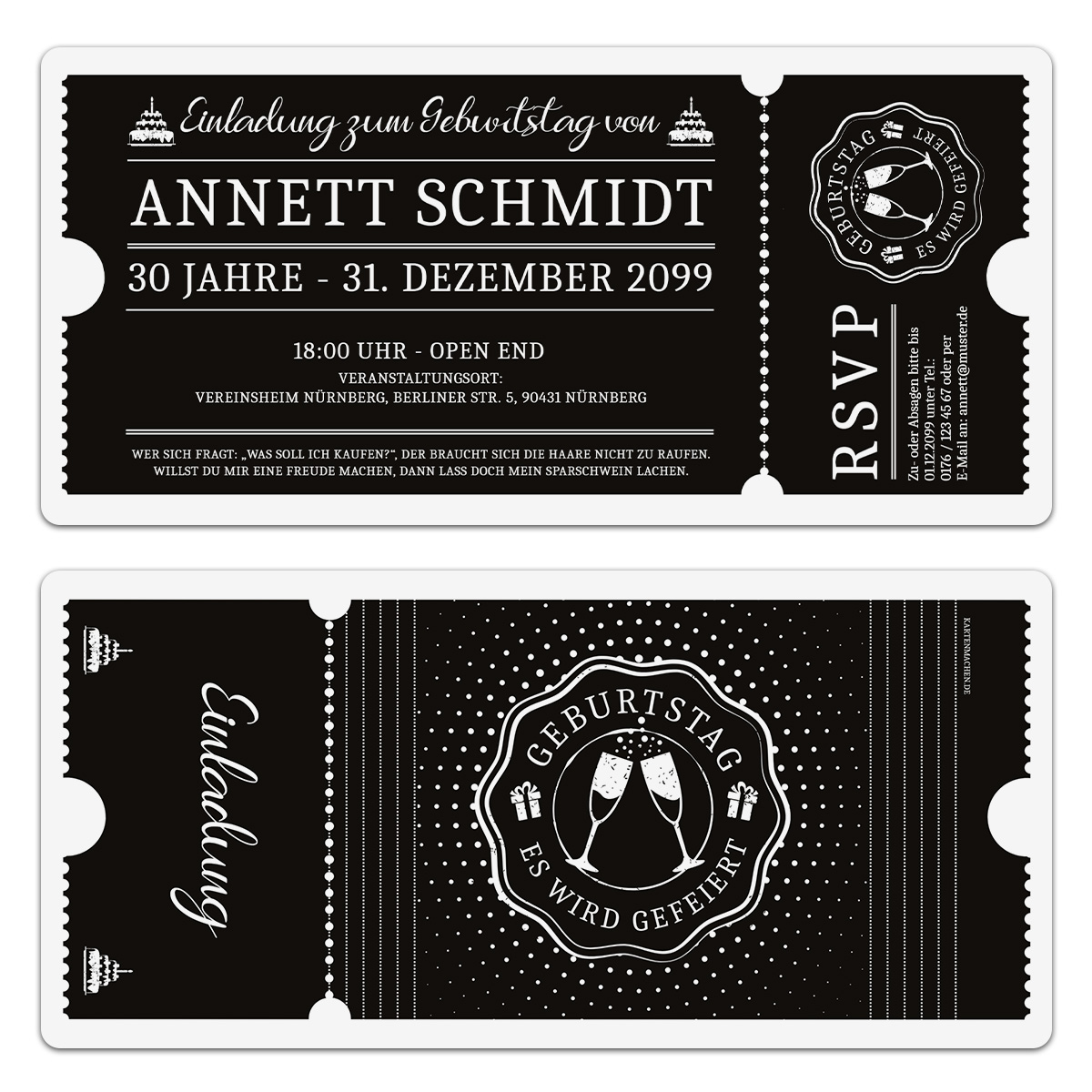 Geburtstag Einladungen - Schwarz-Weiß Ticket schwarze Version