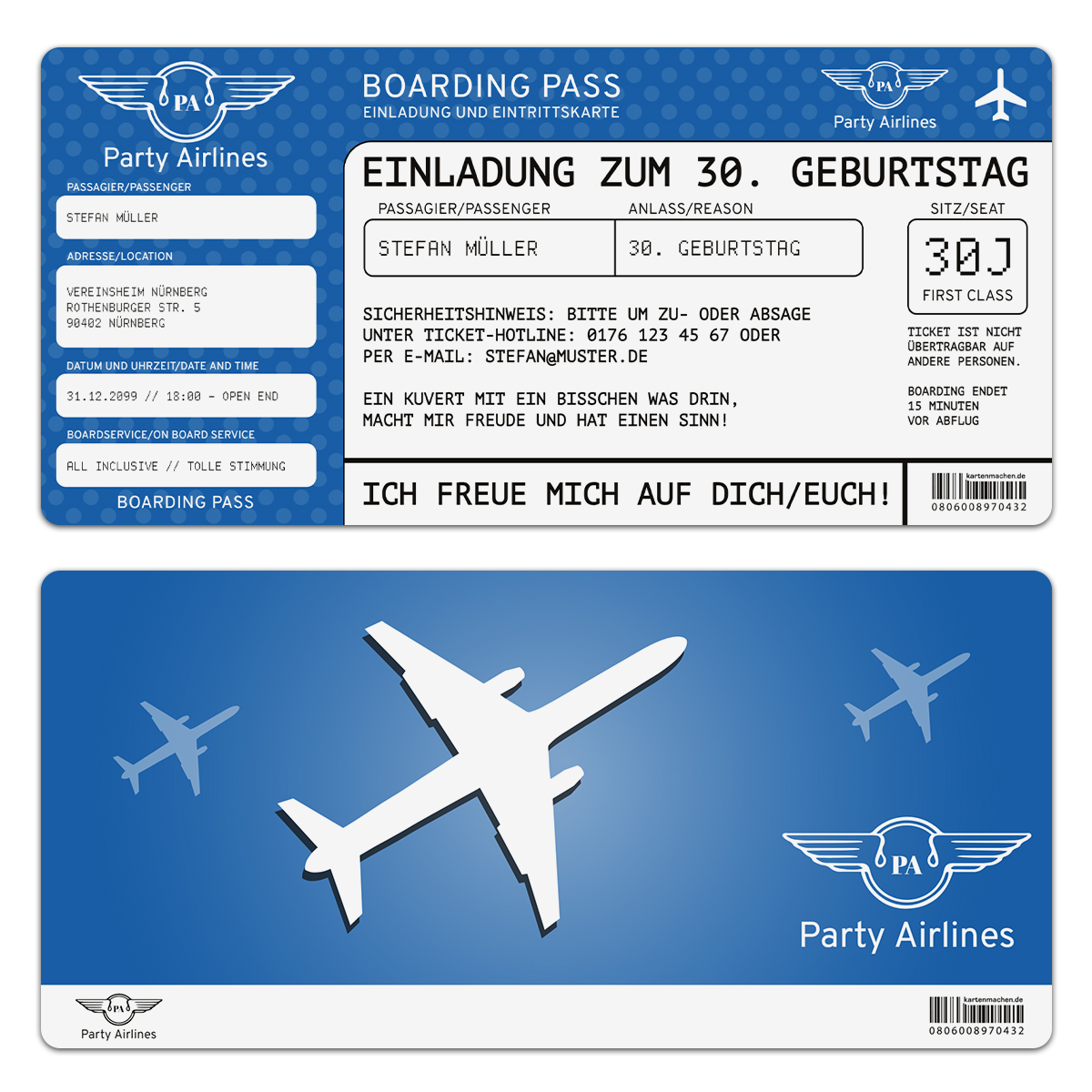 Geburtstag Einladungskarte mit  Abrissstreifen - Flugticket