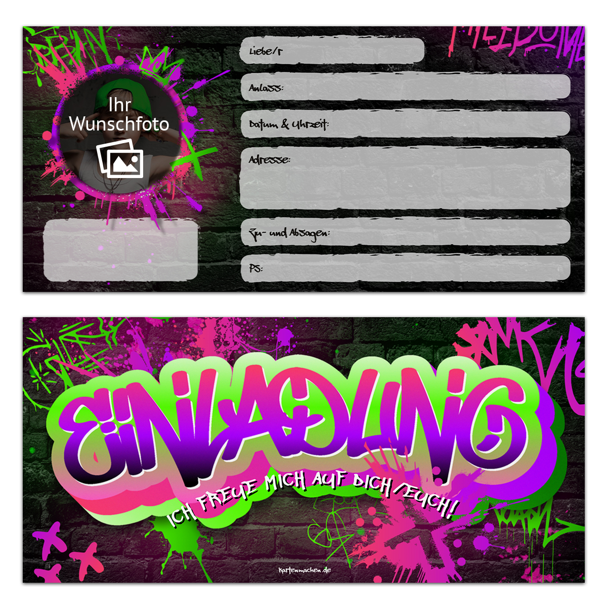 Kinder Foto Einladungskarten - Graffiti - zum Selbstausfüllen