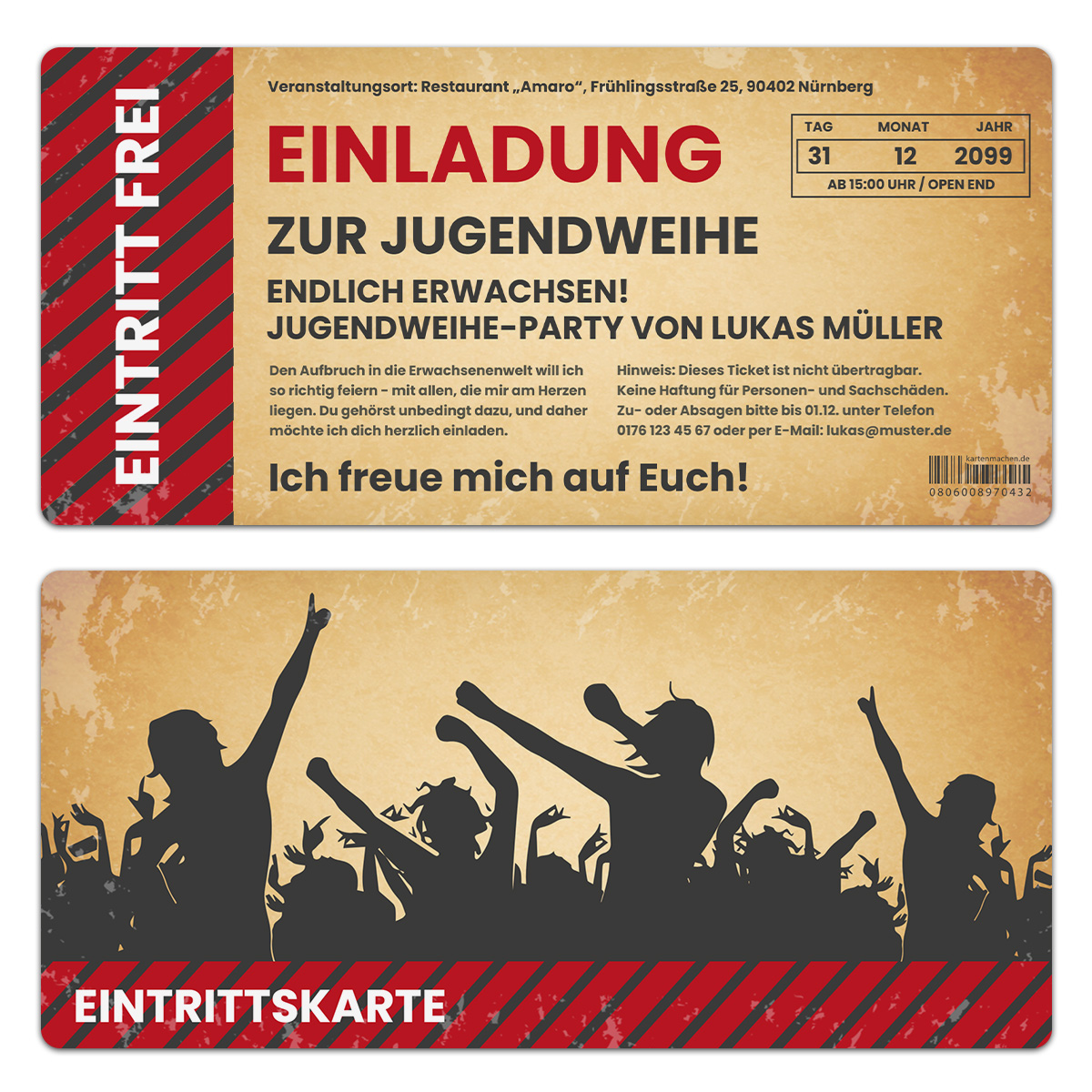 Jugendweihe Einladungen als Eintrittskarten - Vintage / Party Ticket
