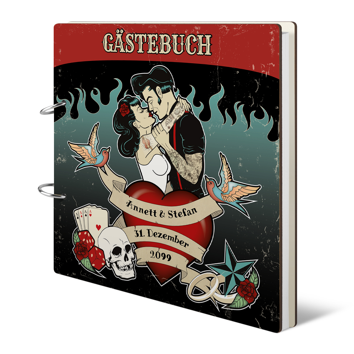 Personalisiertes Holzcover Hochzeit Gästebuch - Rockabilly