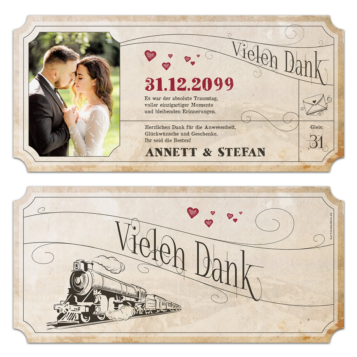 Lasergeschnittene Danksagungskarten - Sand Zugticket Hochzeitsexpress