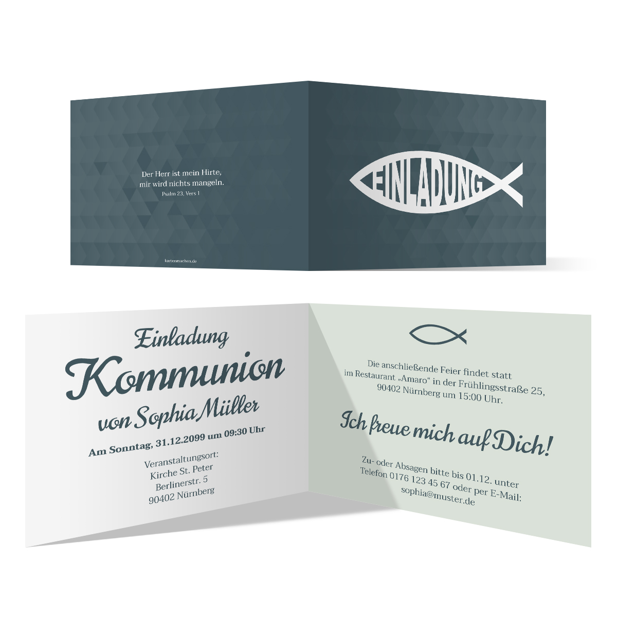 Kommunion Einladungskarten - Moderner Jesus Fisch